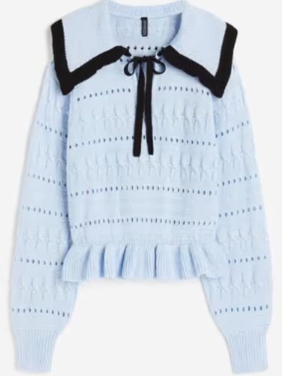 H&M Sweaters - H&M Divided Textured Knit Sweater With Peter Pan Collar - Light Blue and Black